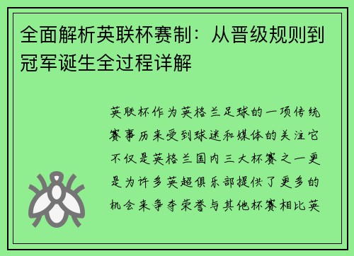全面解析英联杯赛制:从晋级规则到冠军诞生全过程详解 全面解析英联杯赛制:从晋级规则到冠军诞生全过程详解