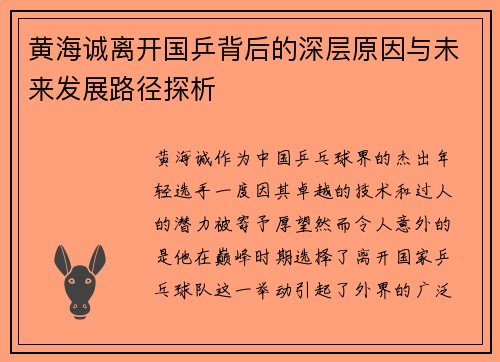 黄海诚离开国乒背后的深层原因与未来发展路径探析