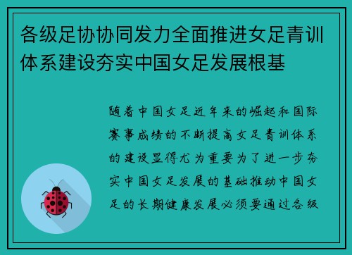 各级足协协同发力全面推进女足青训体系建设夯实中国女足发展根基 各级足协协同发力全面推进女足青训体系建设夯实中国女足发展根基