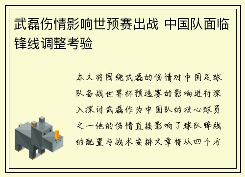 武磊伤情影响世预赛出战 中国队面临锋线调整考验